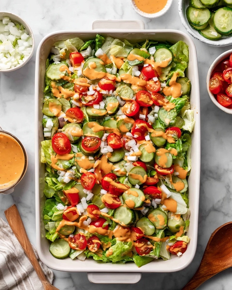 The image shows a white rectangular dish filled with a fresh layered salad. The bottom layer is a bed of green lettuce leaves. On top of the lettuce are round slices of green pickles evenly spread across. Bright red halved cherry tomatoes are scattered throughout, adding vibrant color. Small white diced onions are sprinkled over the whole dish, adding texture. A light orange creamy dressing is drizzled generously across the top, creating a slightly shiny finish. The dish is set on a white marbled surface with small white bowls of extra salad ingredients and a small wooden spoon with orange dressing on the side. Photo taken with an iphone --ar 4:5 --v 7