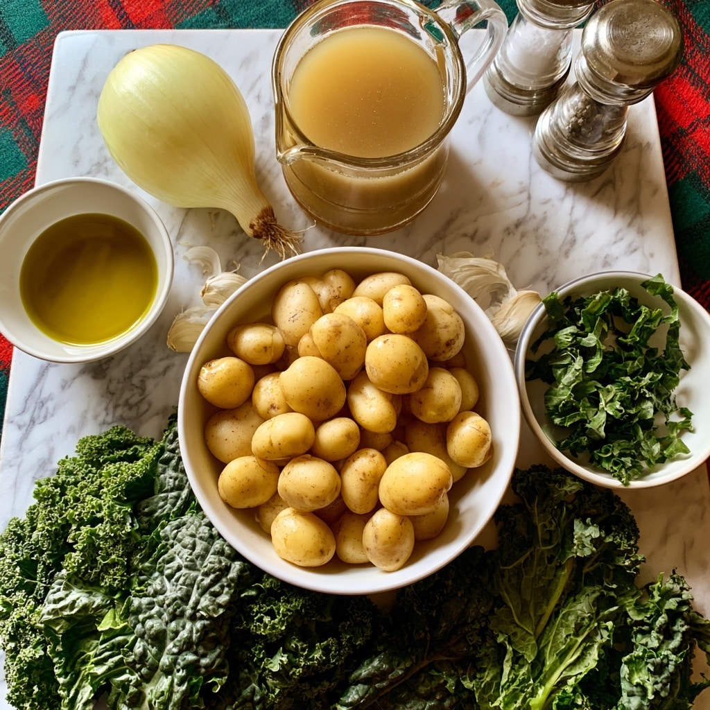 The image shows a white bowl filled with small yellow potatoes in the center on a white marbled surface. Around the bowl, there are fresh dark green kale leaves with a rough texture at the bottom and some torn kale pieces in a small white bowl to the right. Above the bowl of potatoes, there is a glass jug filled with light brown broth/stock. To the left, there is a small white bowl filled with golden olive oil. Above the jug, a pale yellow onion is placed next to the bowl of potatoes. To the right of the onion, there are salt and pepper grinders. Cloves of garlic are placed near the potatoes. The whole setup is placed on a white marbled surface with a red and green tartan cloth underneath. The lighting creates soft shadows around the objects photo taken with an iphone --ar 4:5 --v 7