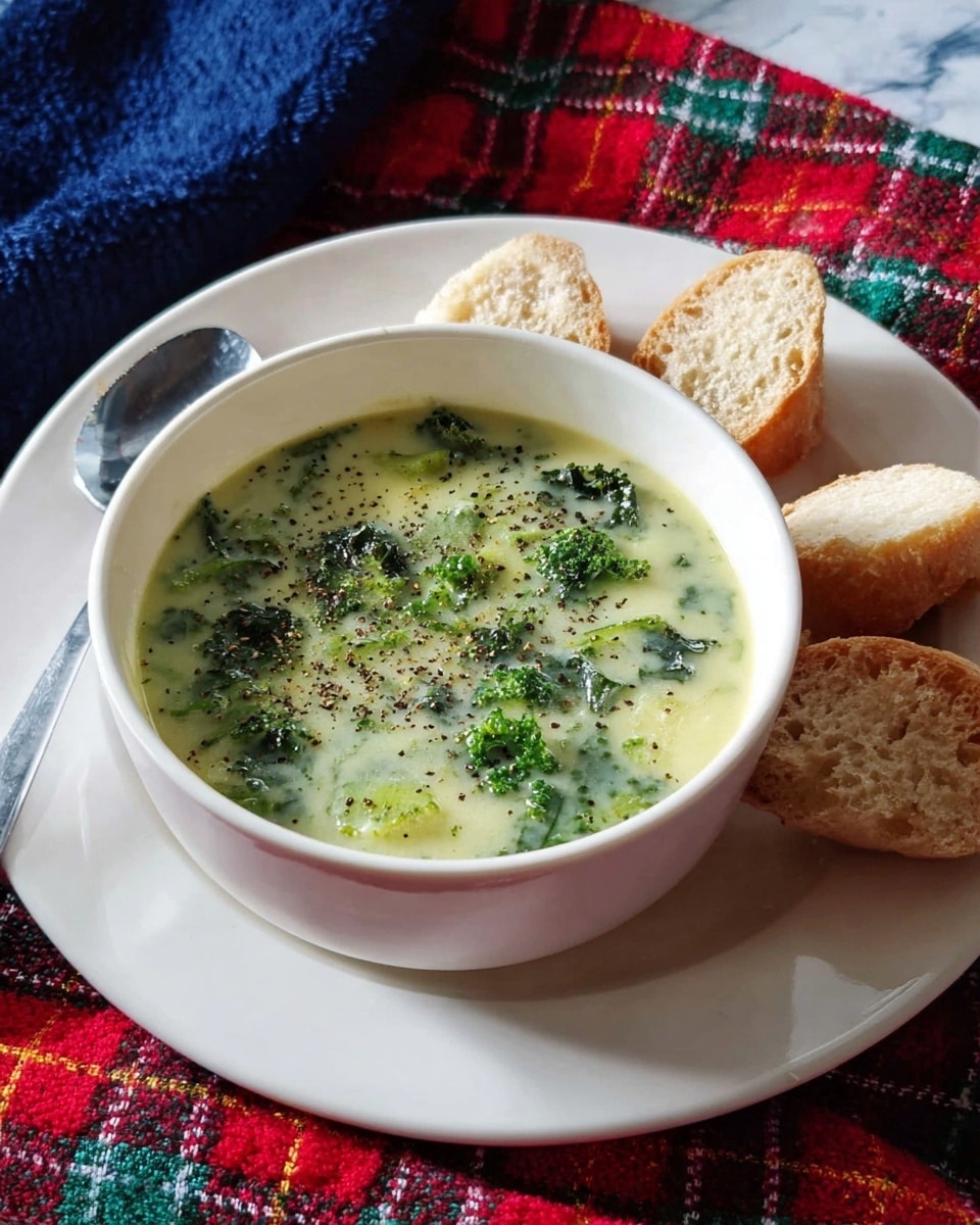 A white bowl filled with creamy green soup showing visible pieces of dark green leafy vegetables and sprinkled with black pepper on top. The bowl sits on a white plate with three pieces of crusty bread placed beside it. The setup is on a white marbled surface with a dark blue cloth on the left side and a red, green, and yellow checkered cloth in the background. Photo taken with an iphone --ar 4:5 --v 7