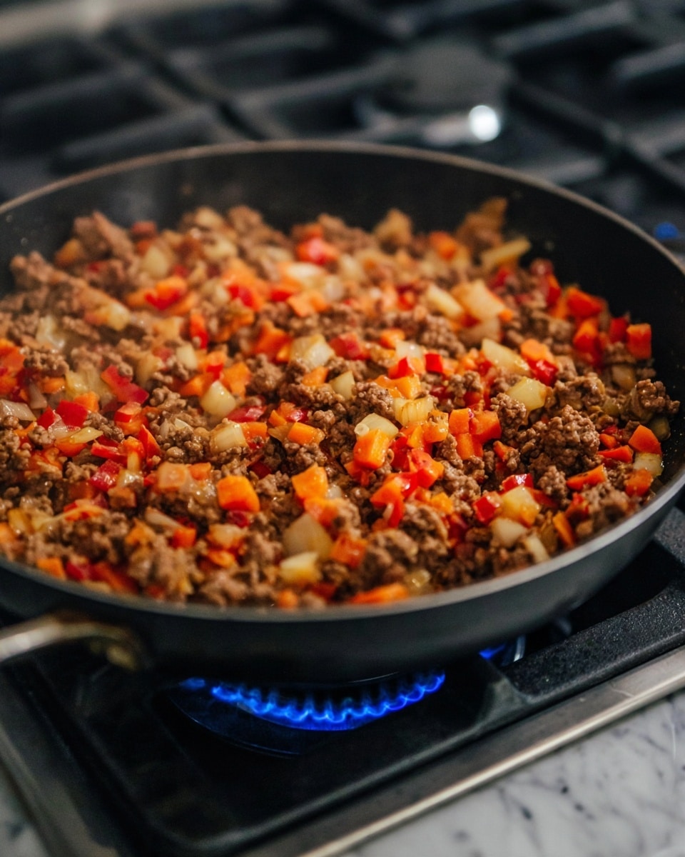 A close-up view of a black pan on a stove with blue flames below, filled with cooked ground meat mixed with small diced pieces of red bell peppers, orange carrots, and light-colored garlic chunks. The food has a textured, slightly chunky appearance with a mix of brown, red, orange, and pale yellow colors distributed evenly across the surface. The pan is resting on a metal burner, and the background is blurred with dark tones, while the surface underneath the stove is shown as a white marbled texture. photo taken with an iphone --ar 4:5 --v 7