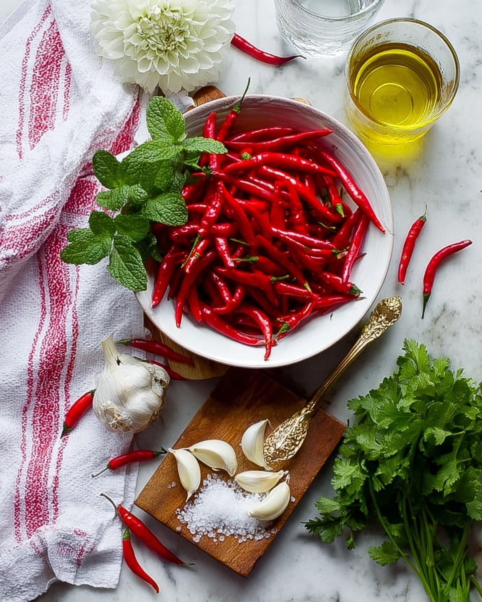 A white bowl filled with many bright red chili peppers, topped with fresh green mint leaves, sits on a small wooden board. In front of the bowl, there are several cloves of peeled white garlic and a gold spoon holding coarse white salt, placed on the wooden board. To the right side, fresh green cilantro leaves rest on the white marbled textured surface. Near the top right, a small glass jar of yellow olive oil and a glass of clear water are placed, with a few loose red chili peppers scattered nearby. On the left side, a white towel with red stripes is laid out with a small sprig of mint on it. In the top left corner, part of a round white flower is visible. photo taken with an iphone --ar 4:5 --v 7