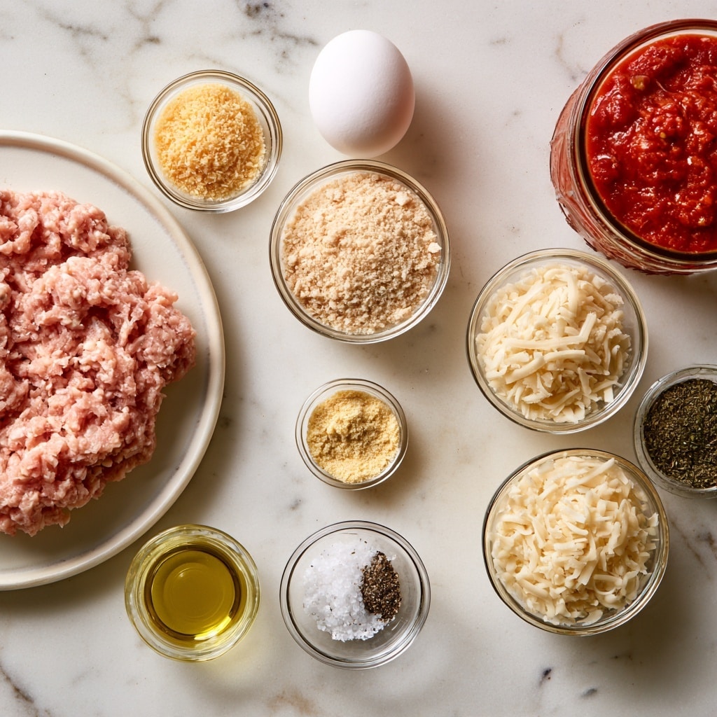 The image shows a flat lay of ingredients neatly arranged on a white marbled surface. On the left side, there is a round white plate with ground chicken, pale pink and textured in a compact shape. Nearby, a small clear glass bowl with golden grated parmesan cheese is placed beside a tiny glass bowl of olive oil, pale yellow and shiny. Moving towards the center, a clear glass bowl filled with light beige panko breadcrumbs sits near a small glass bowl of yellowish garlic powder. A white egg is positioned above center, while salt and pepper are mixed in a small clear glass bowl below the panko bowl, showing white crystals and black pepper pieces. On the right side, a small clear glass bowl holds finely shredded pale mozzarella cheese, next to a small bowl filled with dark green Italian seasoning. Above the cheese is a glass jar filled with red marinara sauce, with visible texture. Each item is carefully spaced, presenting a clean and organized view of the ingredients. Photo taken with an iphone --ar 4:5 --v 7