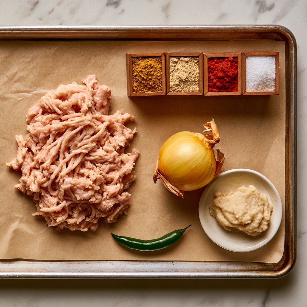 A metal tray lined with light brown parchment paper holds several ingredients arranged in an organized way. On the left side is a pale pink pile of ground chicken with thin, stringy texture. At the top right are four small wooden square containers placed close together, each filled with a different powder: a yellow-brown spice labeled garam masala, a light beige powder called chaat masala, a bright red powder named kashmiri red chilli, and a white granular sea salt. Below the spices, a whole yellow sweet onion with some loose skin around it rests near a small white plate holding a pale, creamy mound of ginger and garlic paste. A single green chili lies horizontally near the bottom center of the tray. The tray sits on a white marbled surface, photo taken with an iphone --ar 4:5 --v 7