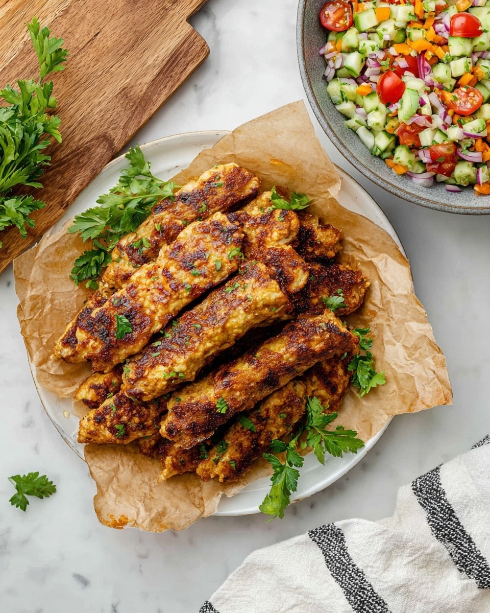 A white plate lined with brown parchment paper holds a pile of golden-brown grilled food sticks, each with a slightly rough and charred texture, stacked in a roughly 3-layer pile. Fresh green parsley leaves are scattered on and beside the sticks. To the right, a gray bowl with a colorful salad of finely chopped green cucumbers, red onions, red tomatoes, and orange pieces is partially visible. The whole scene is set on a white marbled surface with a wooden cutting board at the left and a white cloth with black stripes at the lower right. Photo taken with an iphone --ar 4:5 --v 7
