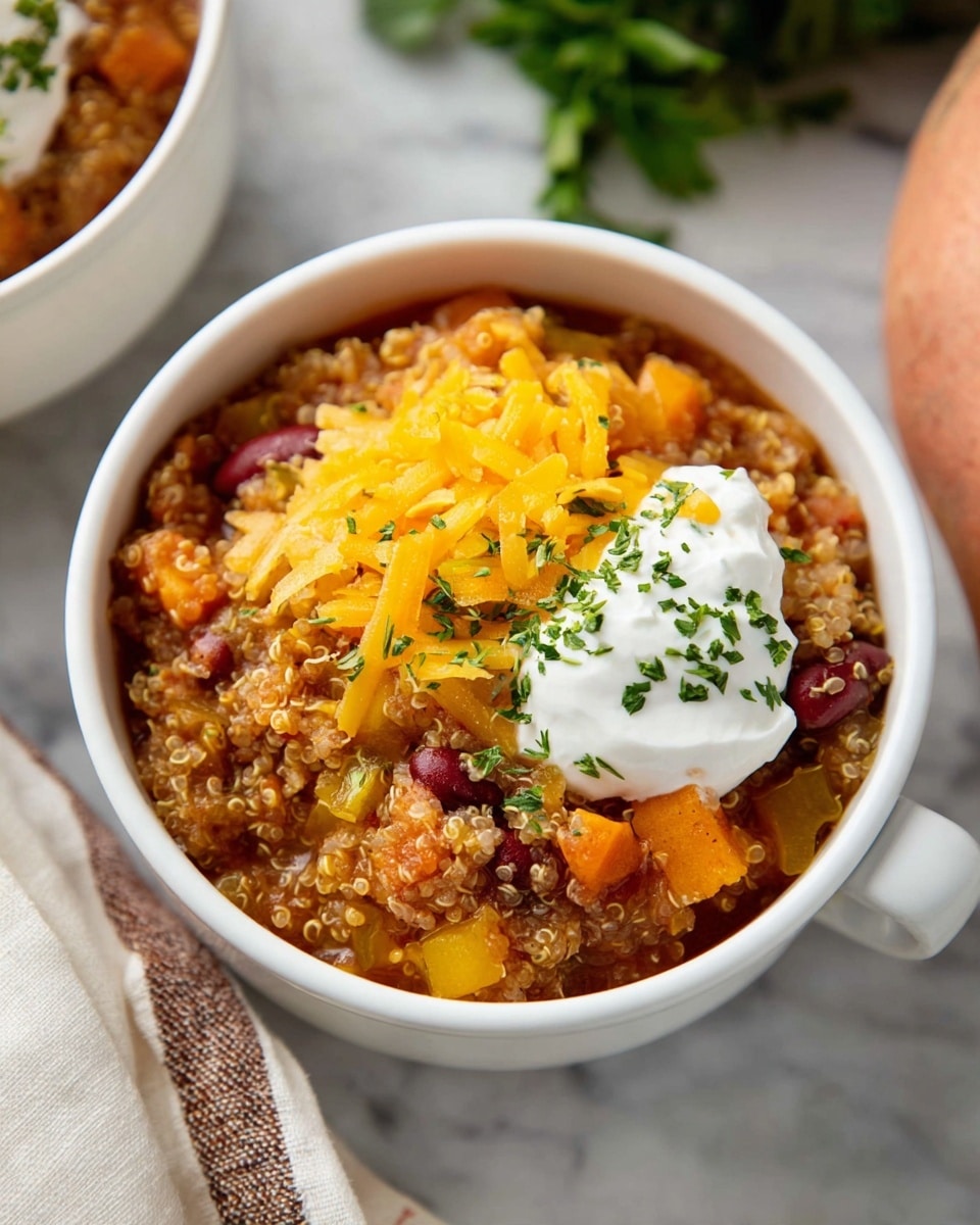 A white cup filled with quinoa chili showing three layers: the bottom layer is a mix of quinoa, beans, and soft cooked yellow and orange vegetables, giving a textured and colorful base; on top of this is a dollop of white sour cream placed slightly off-center; the top layer has a small pile of bright yellow shredded cheddar cheese, scattered with finely chopped green herbs, all sitting on a white marbled surface with a sweet potato and green herbs blurred in the background; a white and brown cloth is partially visible at the edge, photo taken with an iphone --ar 4:5 --v 7