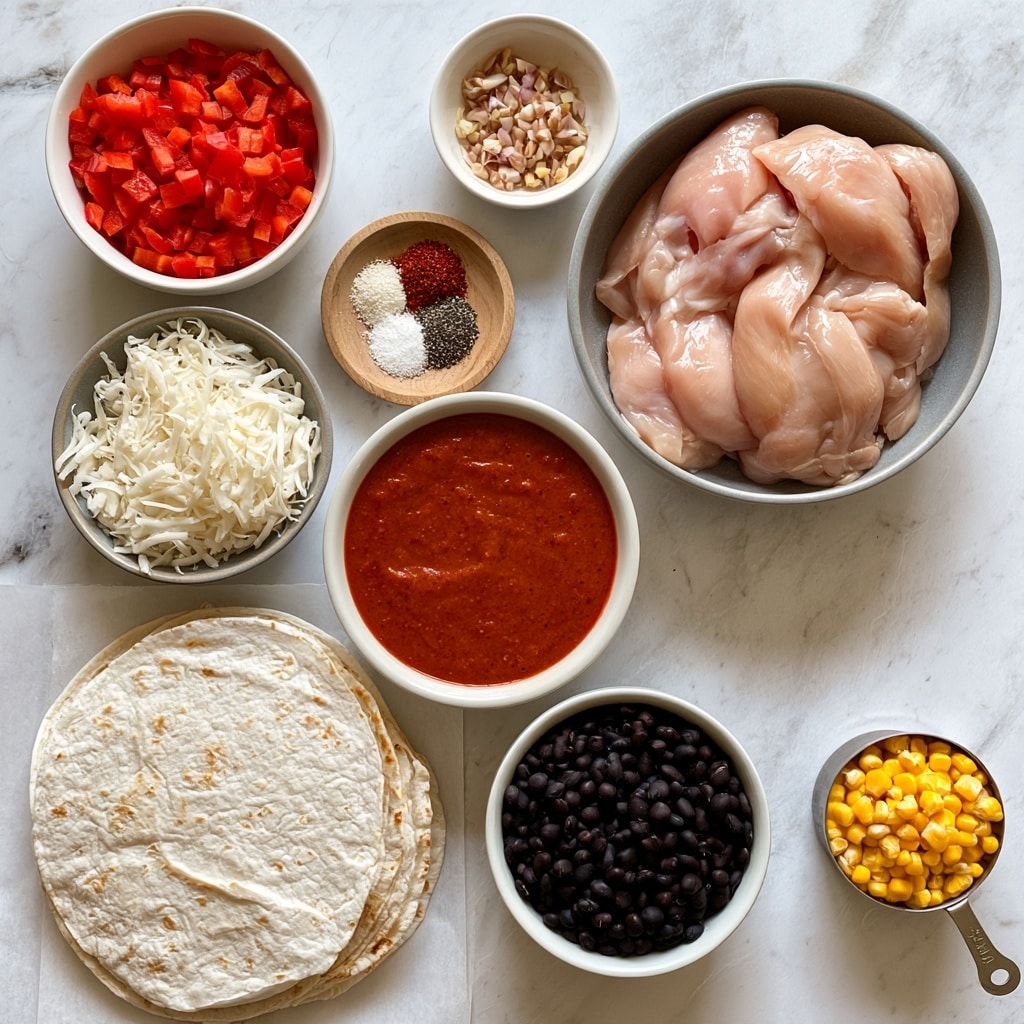 A top view of raw ingredients neatly arranged on a white marbled surface showing fresh chicken breasts in a gray bowl on the right center, red diced bell pepper in a white bowl at top left, a small white bowl with chopped shallots above the chicken, a wooden plate with four different spices (white, red, black, and white granules) next to the shallots, white shredded cheese in a gray bowl below the pepper, a white bowl filled with smooth red enchilada sauce beside the cheese, a stack of lightly toasted white tortillas at bottom left on parchment, a small white bowl of black beans to the right of the tortillas, and a small metal measuring cup with bright yellow corn kernels near the bottom right corner, all organized cleanly with clear labels near each ingredient photo taken with an iphone --ar 4:5 --v 7