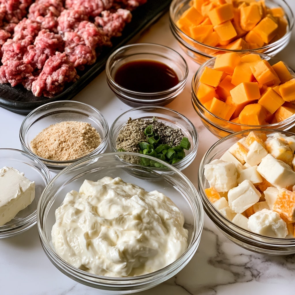 The image shows several clear glass bowls and a black tray arranged on a white marbled surface. There is one large bowl of smooth, white sour cream in the front center. To the left is a small bowl holding a block of cream cheese, and just above it a small bowl with light brown onion powder. Above to the left side, a black tray contains raw ground sausage, displaying a red and pink meat texture. In the middle-top area, there is a small glass bowl with dark brown Worcestershire sauce. To the right, one medium bowl is filled with bright orange cubes of Velveeta cheese, while another medium bowl nearby contains white cubes of Muenster cheese with hints of orange. Between the cheeses, a small glass bowl holds green sliced green onions. Above the sour cream is a small bowl with a beige garlic powder mix, and next to it is another small bowl with a mix of sage spices in light brown and black specks. The whole setup looks organized and ready for cooking, on a clean white marbled background. Photo taken with an iphone --ar 4:5 --v 7