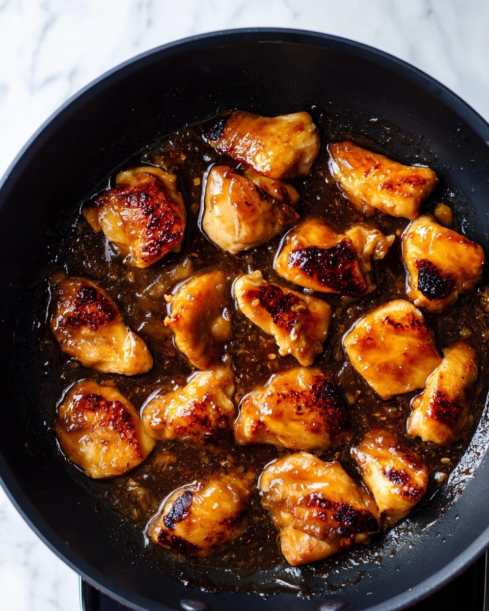 A black pan holds about fifteen pieces of golden-brown chicken cooked in a dark, glossy sauce. The chicken pieces are different sizes and some have a slight char on the edges, showing their crispy texture. The sauce looks thick and shiny, covering the bottom of the pan and glistening on the chicken pieces. The background is a white marbled texture. photo taken with an iphone --ar 4:5 --v 7