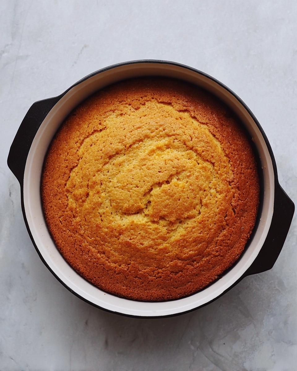 A single-layer round golden-brown cornbread with a textured top showing slight cracks and a crisp edge, resting in a black pan with a white inner surface, placed on a white marbled textured background photo taken with an iphone --ar 4:5 --v 7