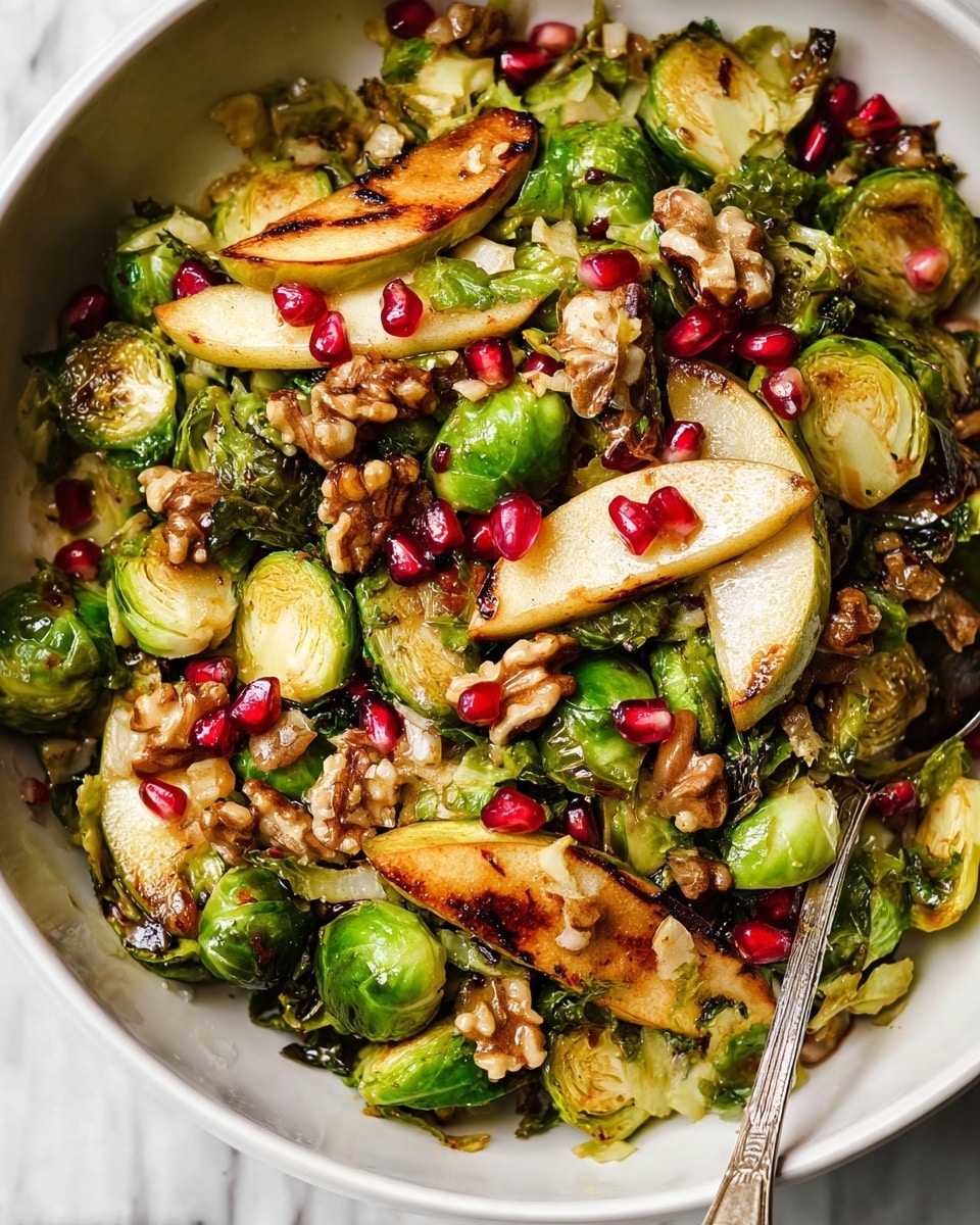 The dish is a mix of layered ingredients in a white bowl on a white marbled surface. The base layer consists of green Brussels sprouts, some split in half with a shiny, cooked texture and light charring on the edges. Interspersed are golden-brown roasted apple slices with a lightly caramelized look. Small, bright red pomegranate seeds sit scattered on top, adding vivid pops of color. Lightly crunchy walnut pieces are spread throughout the dish, giving an added texture. The dish has a warm, slightly glossy coating, likely from a light dressing or sauce, which ties the layers together. A silver spoon is partially visible on the right side, resting in the bowl photo taken with an iphone --ar 4:5 --v 7