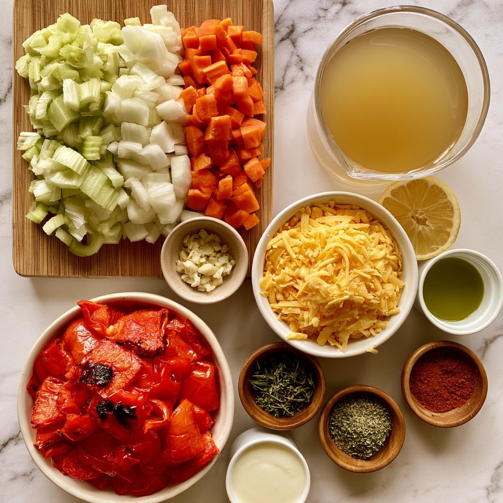 The image shows various fresh ingredients arranged neatly on a white marbled surface. A wooden board holds three chopped layers from left to right: light green celery, white onion, and orange carrot, with a small bowl of chopped garlic placed near the bottom center of the board. Next to the board, there is a large clear glass cup filled with light brown vegetable stock on the upper right. Below it, a white bowl filled with shredded yellow gouda cheese sits near a lemon cut in half. A small white cup with green olive oil is beside that. At the bottom left, a white bowl is full of bright red roasted red peppers with char marks on some pieces. Three small wooden bowls containing dried green thyme, oregano, and reddish paprika spices are placed around, along with a small white cup of heavy cream at the bottom. photo taken with an iphone --ar 4:5 --v 7