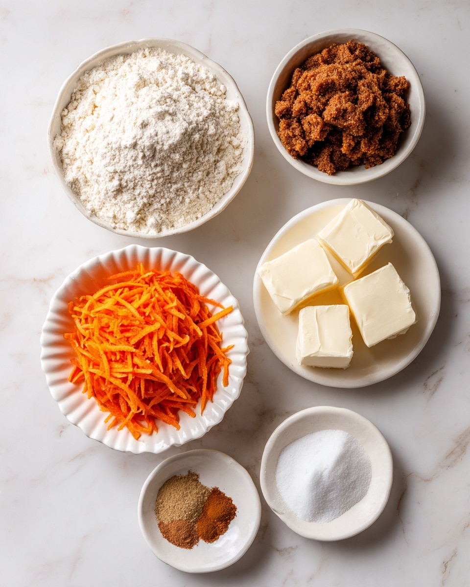 The image shows six bowls of ingredients arranged on a white marbled surface. At top left, a white bowl is filled with a large pile of flour, soft and powdery in texture. To the right, another white bowl holds dark brown, clumpy brown sugar. Below the flour, a larger white bowl with a fluted edge is full of bright orange shredded carrots, soft and thin. To the right of the carrots, a small white plate holds five pale creamy cubes of vegan butter, smooth and firm. Below the butter, a small white fluted bowl contains three piles of spices in different shades of brown, fine and powdery. At bottom left, another small white fluted bowl holds white baking soda, fine and powdery. All bowls and plates are grouped closely together, taken with an iphone --ar 4:5 --v 7