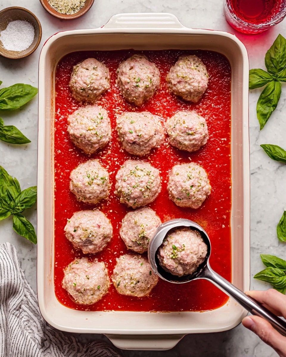 A white rectangular baking dish filled with three layers visible: the bottom layer is bright red tomato sauce spreading evenly, the middle layer has twelve raw meatballs arranged in three rows, each meatball light pink with a slightly rough texture and sprinkled with herbs, the top layer is the surface of the meatballs showing some moisture and seasoning. A metal ice cream scoop held by a woman's hand is pressing into one meatball at the bottom left corner. The dish sits on a white marbled surface with fresh green basil leaves scattered around, a small bowl of coarse salt in the top left, a striped cloth towel peeking in from the bottom left, and a glass of red drink on the right. Photo taken with an iphone --ar 4:5 --v 7