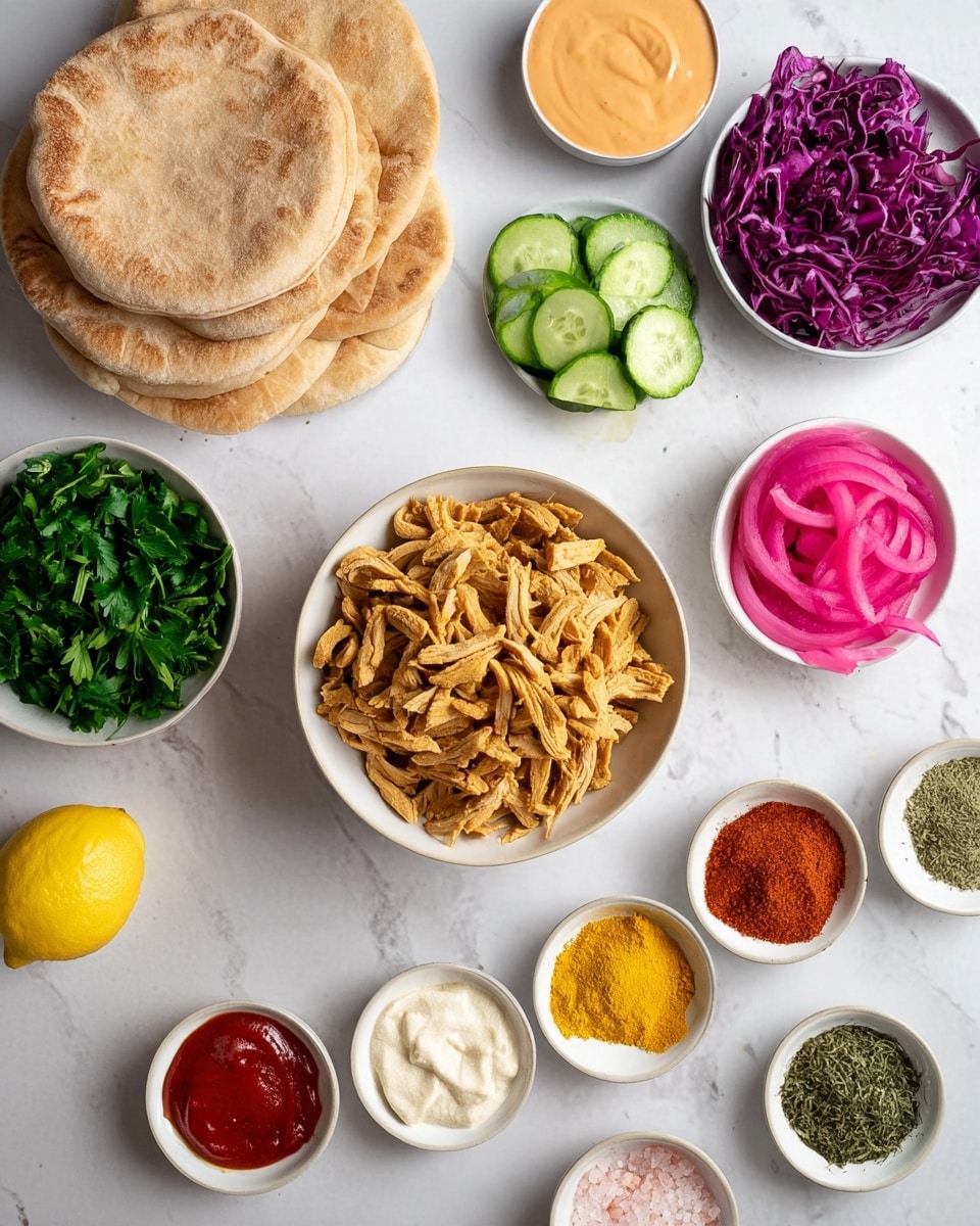 A white bowl filled with light golden strips of cooked textured soy protein sits near the center of the image. To its left is a stack of three round flatbreads with a lightly browned surface. Surrounding the bowl are smaller white bowls containing a smooth pale orange sauce, bright red sauce, sliced green cucumber, chopped fresh green parsley, bright pink pickled onions, and shredded purple cabbage. There are also several small white plates holding a variety of spices in red, yellow, cream, and beige tones, along with ground green herbs. A halved yellow lemon, a pile of coarse pink and white salt, and a small dish of green dried herbs are alongside the bowls. The items rest on a white marbled surface with subtle grey veins. The photo taken with an iphone --ar 4:5 --v 7
