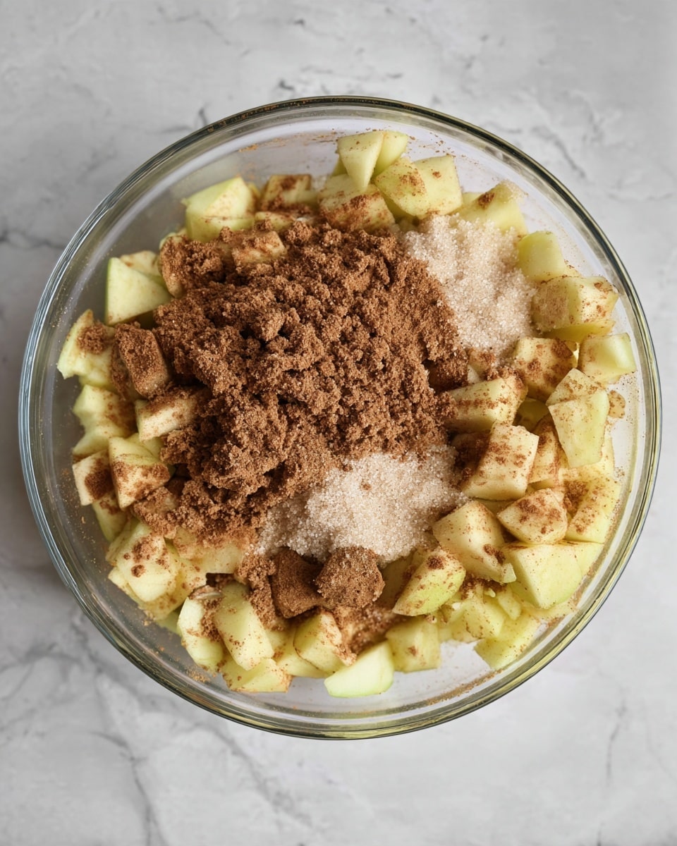 A clear glass bowl filled with chopped pale yellow apple pieces as the bottom layer, topped with a mix of light brown granulated brown sugar and fine white sugar scattered unevenly across the fruit, and dusted generously with warm brown cinnamon powder. The apple pieces have a slightly rough texture, and the sugar layers add a granular, powdery contrast. The bowl is set on a white marbled surface, and the image focuses closely on the mixture inside the bowl. photo taken with an iphone --ar 4:5 --v 7