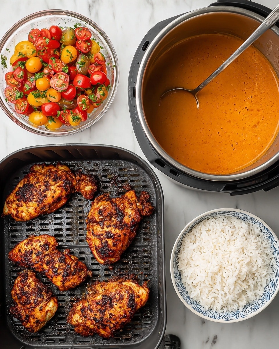 The image shows four pieces of seasoned and cooked chicken with a dark crispy layer on a black air fryer tray in the lower left. To the upper left, there is a clear glass bowl filled with a colorful salad made of halved red and yellow cherry tomatoes and chopped green herbs, with a metal spoon inside. On the upper right is a large stainless steel pot filled with smooth, orange soup or sauce with a metal spoon resting inside. At the bottom right, there is a white bowl with blue designs holding a simple layer of white cooked rice. All these items are placed on a white marbled surface. Photo taken with an iphone --ar 4:5 --v 7