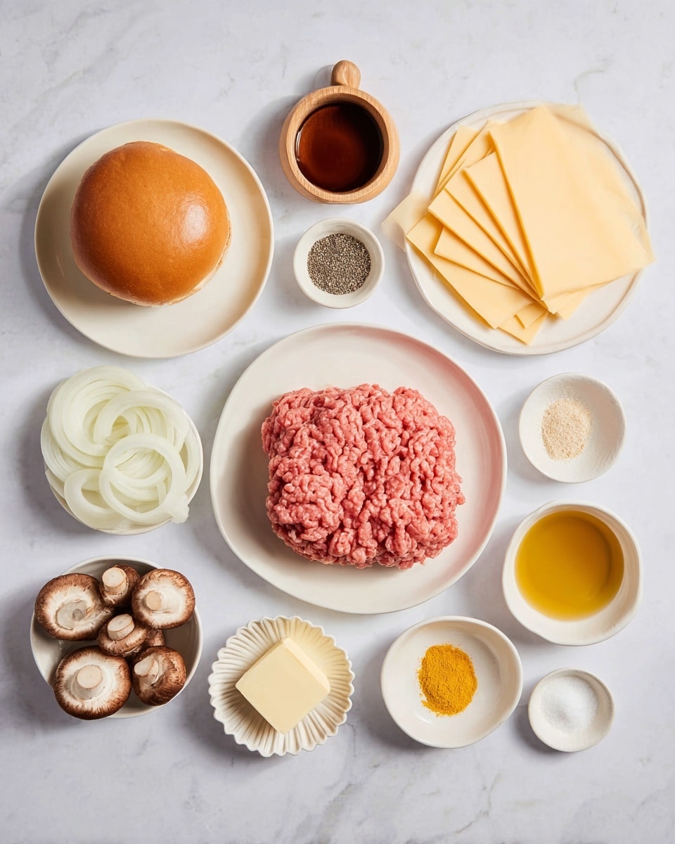 A flat lay shows various ingredients arranged neatly on a white marbled surface. At the center, there is a white plate holding a large mound of raw pink ground meat with visible texture. Above it sits a white plate with a soft brown hamburger bun. To the right of the bun, a white plate holds several slices of light yellow cheese piled in layers. Above the meat plate is a small wooden bowl filled with black pepper. Below the cheese, a small white scalloped dish has a chunk of pale yellow butter. To the lower right, a white bowl holds a dark brown sauce, and another white bowl below contains light yellow oil. To the lower left, a white bowl holds white onion slices in rings, and next to it is another white bowl holding three brown mushrooms. There is also a small wooden bowl with white salt near the bottom and a round white plate with yellow and light brown powders to the left of the meat. A small white scalloped dish with smooth yellow mustard is near the bottom left. Several empty small white bowls are scattered around. The clean setup and soft natural light make everything clear and well lit photo taken with an iphone --ar 4:5 --v 7
