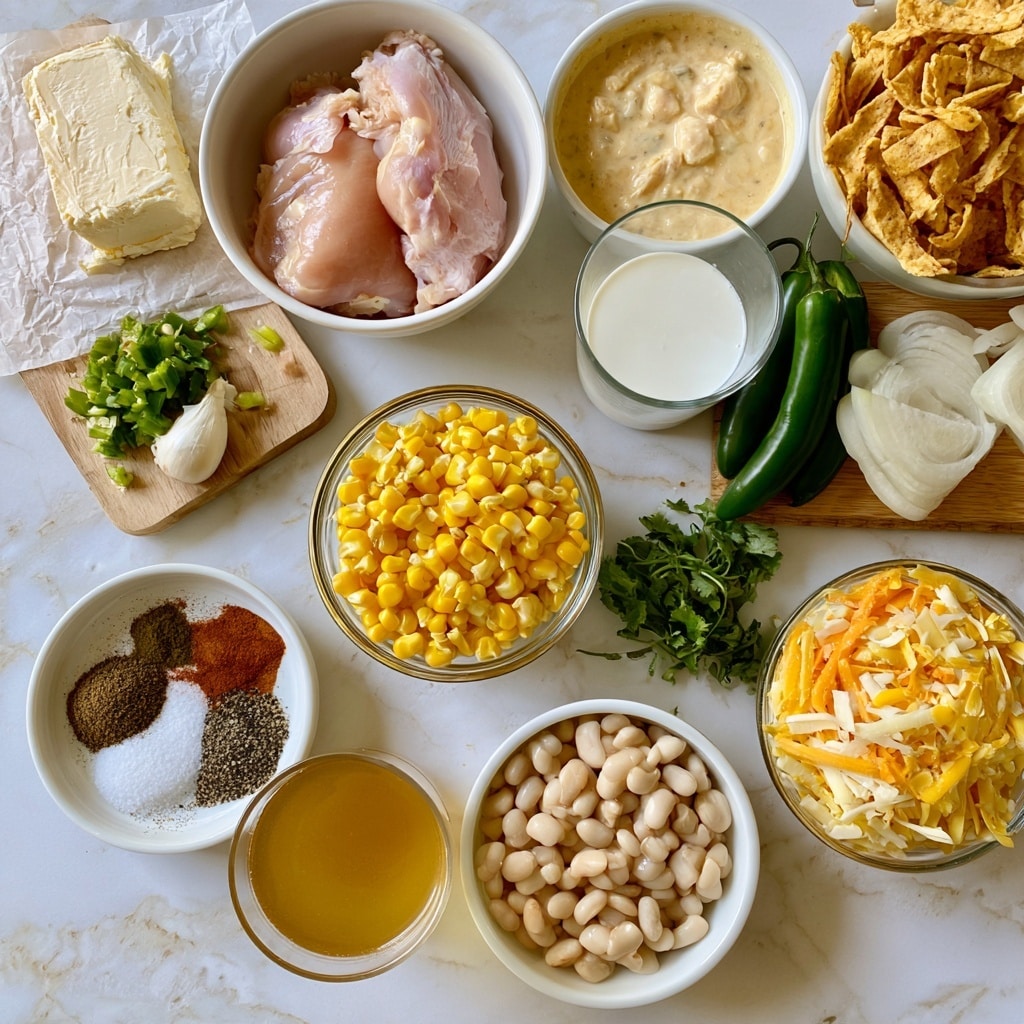 The image shows an assortment of raw and prepared ingredients on a white marbled surface, ready for cooking. From the top left, there is a block of white cream cheese on parchment paper, below which a white bowl holds two pink raw chicken pieces. To the right on a small round wooden board, a white bowl contains chopped green chiles beside a whole white garlic bulb. A white bowl filled with pale yellow cream chicken soup is placed further right. Below, a small white bowl holds golden crispy tortilla strips, next to a glass of heavy white cream. On a wooden board to the right, bright green jalapeño peppers and sliced white onions sit next to a small bunch of cilantro. Moving left, a clear glass bowl is filled with bright yellow corn kernels, and next to it, a white bowl contains spices including cumin, chili powder, salt, and black pepper. Below, there is a cup of golden chicken broth and a white bowl filled with great northern beans. A small glass bowl on the bottom right contains shredded yellow and orange cheese. Photo taken with an iphone --ar 4:5 --v 7