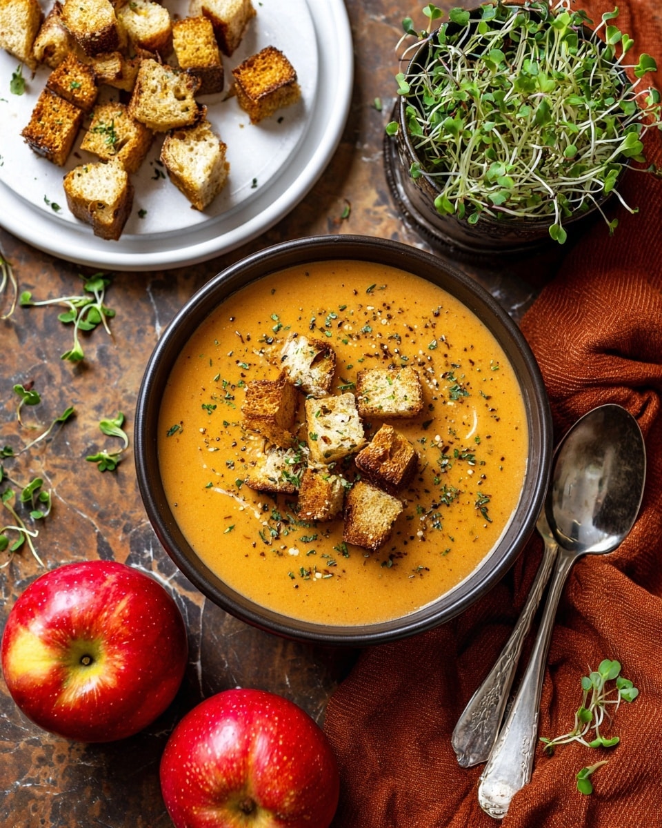 A close-up of a bowl filled with orange creamy soup, topped with golden brown toasted bread cubes sprinkled with green herbs, sitting on a white marbled surface. To the left of the bowl, there is a white plate full of more toasted bread cubes, and two shiny red apples. Above the bowl is a decorative metal tin holding fresh green microgreens scattered lightly around. To the right side of the bowl, there are two shiny silver spoons resting on a folded burnt orange cloth with more microgreens scattered nearby. Photo taken with an iphone --ar 4:5 --v 7