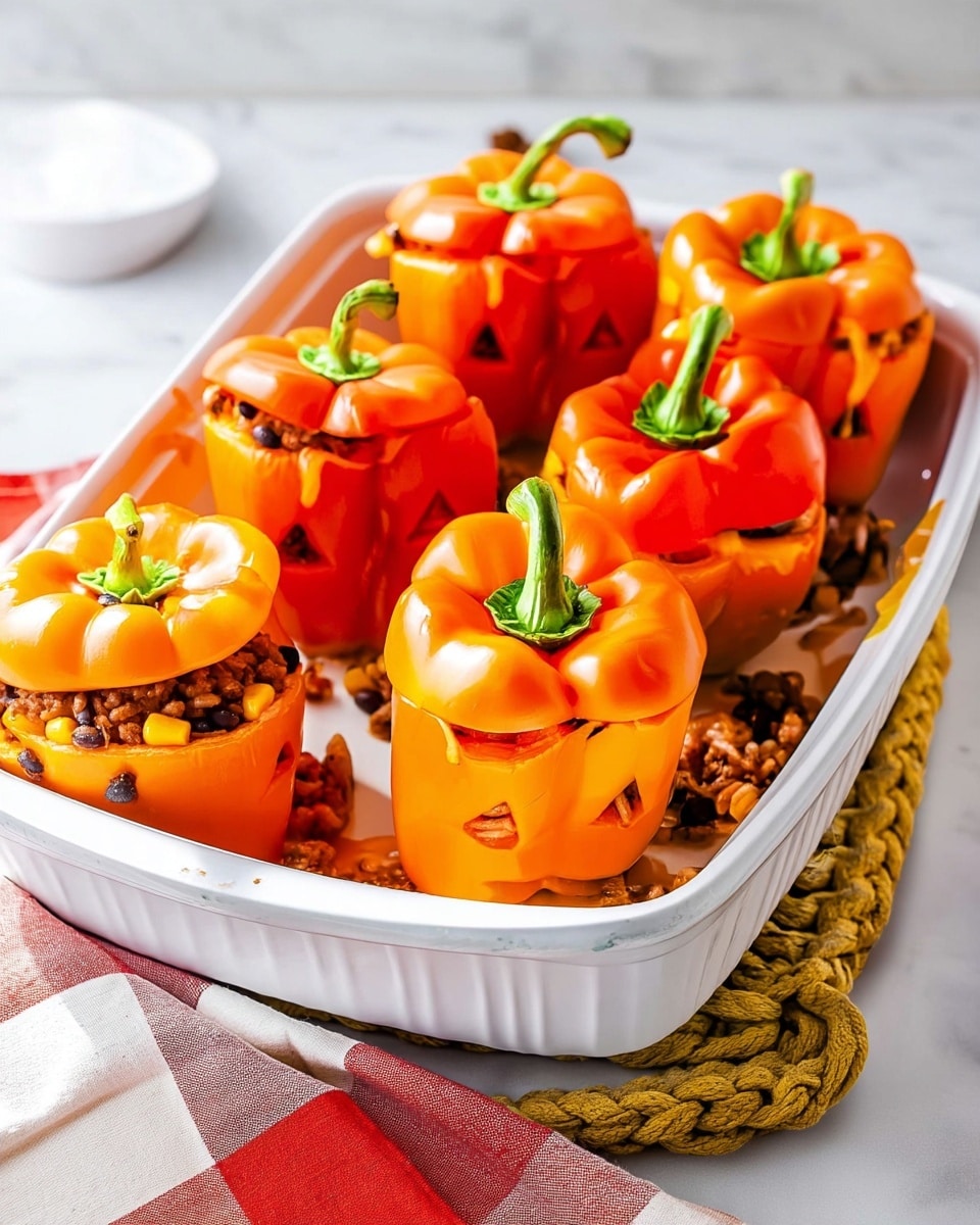 A white rectangular baking dish holds five bright orange bell peppers carved with triangular eyes and smiling mouths like jack-o'-lanterns. Each pepper is stuffed with a mixture of brown rice, black beans, corn, and ground meat with a slightly moist texture, filling the peppers to the brim and slightly overflowing. The tops of the peppers with green stems are placed back like lids on each pepper. The dish rests on a mustard yellow knitted mat on a white marbled surface, with a red and white checkered cloth partially visible under the baking dish. Photo taken with an iphone --ar 4:5 --v 7