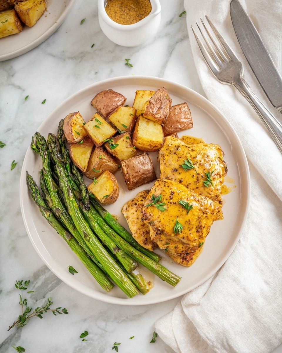 A round white plate holds a simple meal with three parts: five grilled green asparagus spears on the left, a pile of golden brown roasted potato pieces in the center, and two pieces of cooked chicken coated in a grainy mustard sauce on the bottom right. The chicken has a yellowish-orange color with specks of brown, topped with small green herb sprigs. The plate sits on a white marbled surface with small green herbs scattered around. In the background, there is a small white bowl with whole grain mustard and part of a white dish with sauce, all on a white cloth. A fork and knife rest on a white napkin to the right of the plate. Photo taken with an iphone --ar 4:5 --v 7