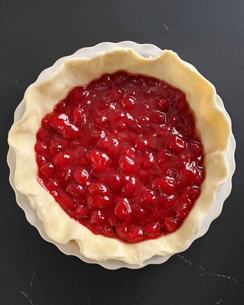 A round pie crust with uneven edges sits in a white pie dish, filled with a thick, glossy red cherry mixture that has visible chunks of cherries spread evenly across the surface. The crust is raw, pale, and slightly folded on one side, showing a smooth, soft texture. The pie dish rests on a white marbled surface with a dark background, highlighting the bright red filling and light crust. photo taken with an iphone --ar 4:5 --v 7