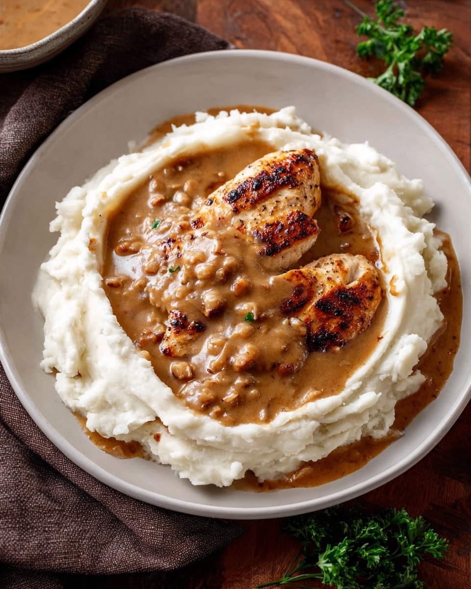 A round white plate holds one layer of smooth, creamy white mashed potatoes spread in a ring shape around the edge. On top, there are two pieces of golden-brown grilled chicken placed in the center. Over the chicken, a thick brown sauce with small chunks is poured, covering the chicken and some mashed potatoes. The plate sits on a warm brown wooden table with a dark cloth nearby and a small green leafy garnish in the corner. Photo taken with an iphone --ar 4:5 --v 7