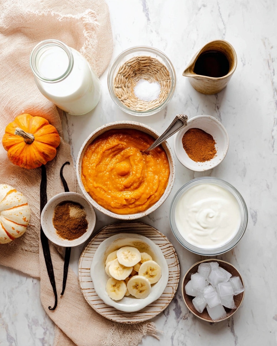 A top view of an arrangement on a white marbled surface showing a bowl of bright orange pumpkin puree with a silver spoon inside, surrounded by a jar of white milk, a small white bowl of ground spices, a small beige jug of dark syrup, a metal bowl of smooth white yogurt sitting on a straw coaster with a spoon inside, a small glass bowl filled with banana slices, a white round dish with three piles of brown spices, a striped white bowl with ice cubes, and an empty white scalloped bowl. A vanilla bean is placed beside the bowls, and a light brown cloth is partially underneath the puree bowl. Small pumpkins are placed at the edges of the surface. Photo taken with an iphone --ar 4:5 --v 7