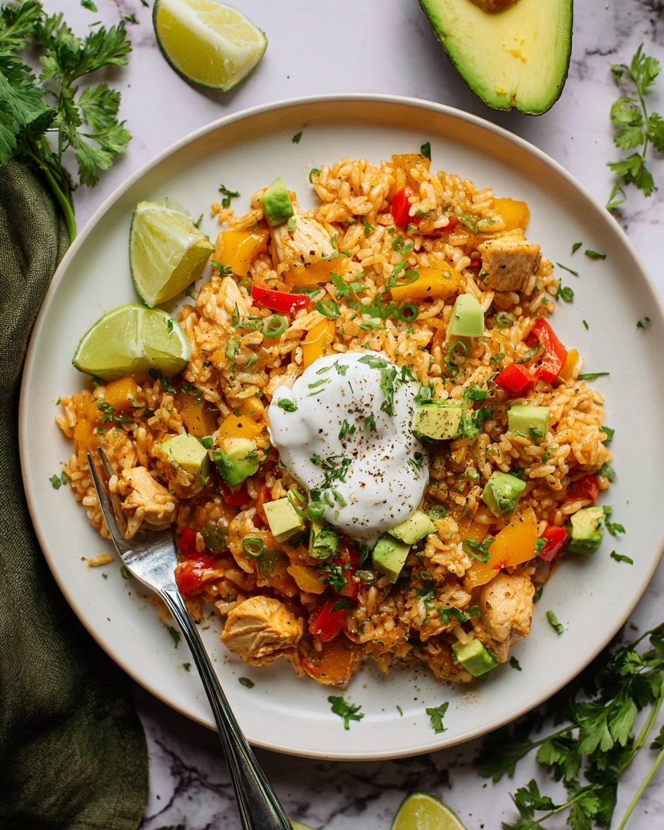 A white plate holds a mound of rice mixed with cooked chicken pieces, red and yellow bell peppers, and herbs, all showing a warm orange and light brown color. On top, there are small green avocado cubes and chopped green onions scattered around. A dollop of white sour cream is placed in the middle, sprinkled with black pepper and finely chopped herbs. A wedge of lime rests on the left side of the plate. A silver fork is placed on the right edge, partly stuck into the rice. The whole scene sits on a white marbled surface with green herbs and lime wedges around, suggesting a fresh and vibrant meal photo taken with an iphone --ar 4:5 --v 7