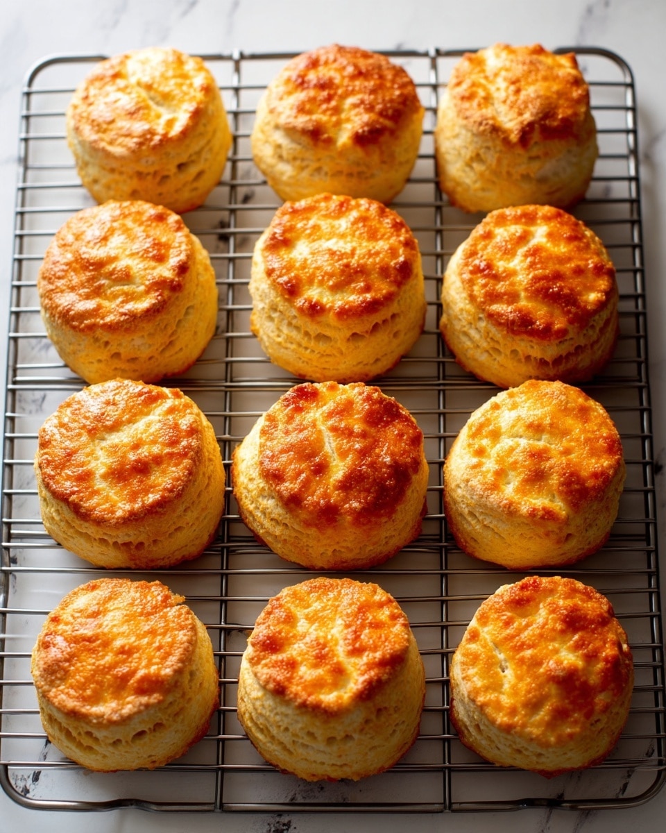 Thirteen golden brown scones are arranged in three uneven rows on a metal cooling rack. Each scone has a slightly rough, crumbly top with a color gradient from light yellow to deeper golden on top edges. They appear fluffy and thick, showing soft layers inside but remain round and whole, resting on a white marbled surface underneath the rack. The lighting is soft and natural, highlighting the warm texture of the baked scones. photo taken with an iphone --ar 4:5 --v 7