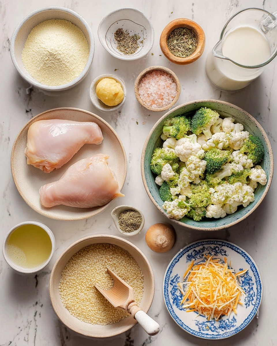The image shows an overhead view of cooking ingredients arranged neatly on a white marbled surface. In the top left, there is a small white bowl with light yellow powder, next to it a small white bowl with black pepper. Below, a beige bowl holds three raw chicken pieces, light pink and smooth. To the right of the chicken, a small light wood bowl contains coarse pink salt, and next to it a small beige dish holds dried green herbs and a small yellow ball of butter. A jug of white milk sits at the top right. On the right side, a large beige bowl with blue-green edges is filled with frozen broccoli and cauliflower florets, green and white with icy texture. Below, a beige bowl with yellow rice grains has a small wooden scoop with a white handle inside. Next to the rice, a small white bowl on a blue and white floral plate contains shredded orange and white cheese. A clear container of light yellow broth or oil is placed near the rice. Photo taken with an iphone --ar 4:5 --v 7