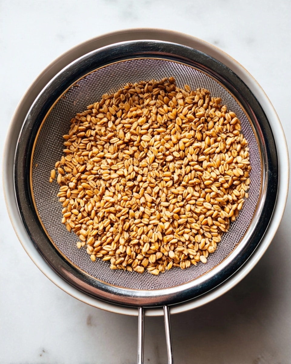 A close-up top view of golden brown grains sitting inside a fine metal sieve with a black rim, which rests over a white bowl. The grains are small, oval, and shiny, filling about half of the sieve. The sieve handle extends towards the bottom of the frame. The setup is placed on a white marbled surface. photo taken with an iphone --ar 4:5 --v 7
