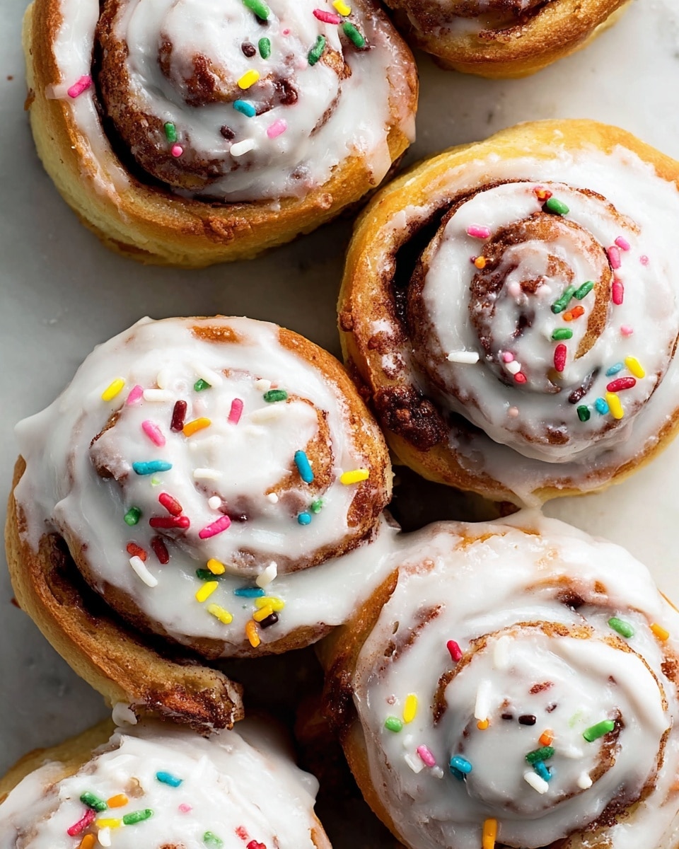 The image shows close-up cinnamon rolls with three main layers: the bottom dough layer, which is light golden brown with a soft and slightly bumpy texture; the middle cinnamon filling layer, which is dark brown and swirled tightly in the shape of spirals; and the top icing layer, which is smooth and white, evenly spread over each roll and sprinkled with small, colorful rainbow sprinkles in red, green, yellow, blue, pink, and white. The rolls are placed closely together on a white marbled surface, giving a fresh and clean backdrop. photo taken with an iphone --ar 4:5 --v 7
