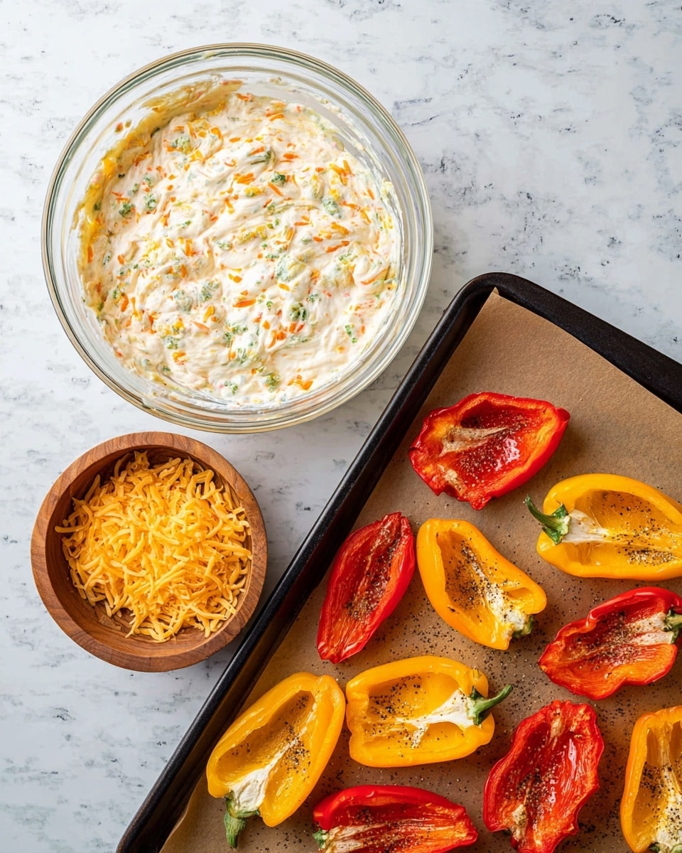 The image shows a cooking setup with three main parts on a white marbled surface: a clear glass bowl on the upper side filled with a creamy cheese mixture that is white with orange and green specks, a wooden bowl on the left side containing bright yellow shredded cheese, and a black baking tray on the right side lined with brown parchment paper holding several red, orange, and yellow small hollowed pepper halves sprinkled with black pepper and seasoning. The scene is bright and clean, ready for the peppers to be filled with the cheese mix. Photo taken with an iphone --ar 4:5 --v 7