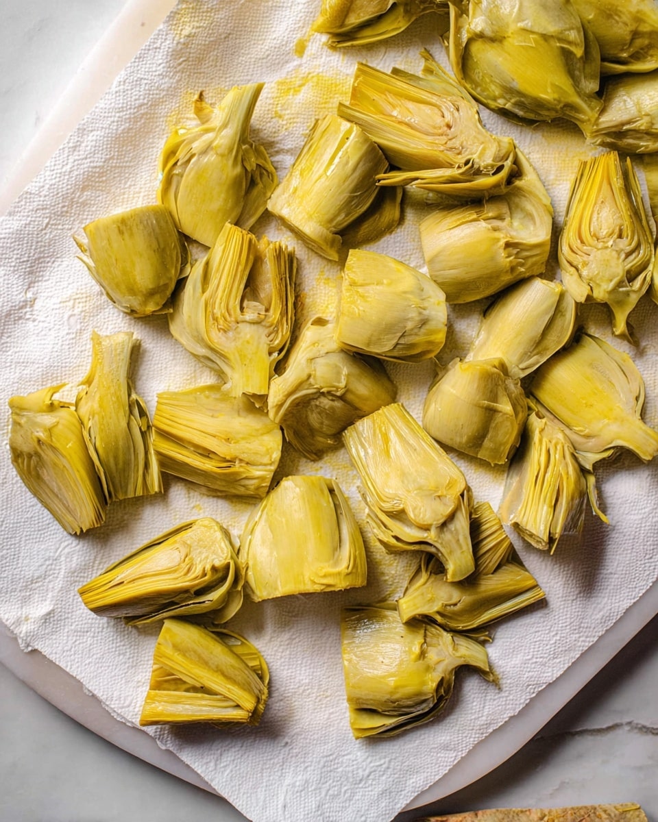 The image shows many pieces of cooked artichoke hearts spread out on a white paper towel, which is placed on a white marbled cutting board. The artichoke pieces are yellowish-green with soft textures, and each piece has different sizes with visible layers of petals. They have a slightly shiny surface, suggesting they are moist, and the layers are folded and curved. The background also has hints of a white marbled texture around the cutting board edges. photo taken with an iphone --ar 4:5 --v 7