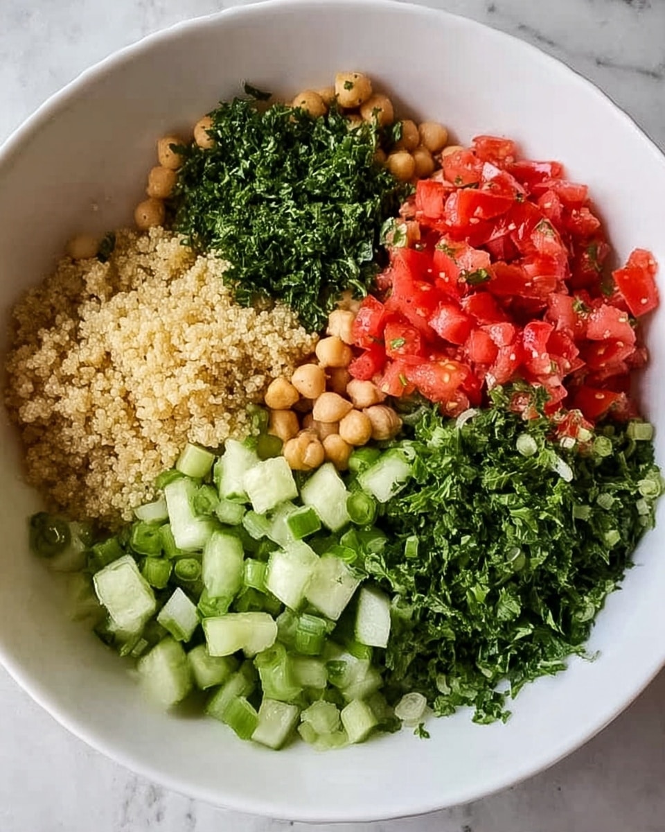 A white bowl holds five separate layers of fresh salad ingredients arranged in distinct sections. Starting from the bottom left, there is a layer of small beige chickpeas mixed with light yellow quinoa with a grainy texture. Above that, in clockwise order, bright red chopped tomatoes with a juicy texture contrast with finely chopped dark green parsley on the top left. Next to the parsley, there are fresh pieces of light green cucumber cut into small cubes. Below the cucumber, there is a layer of chopped green onions with light and dark green shades, and on the bottom right, there is more chopped parsley with a finely shredded texture. The bowl rests on a white marbled surface. Photo taken with an iphone --ar 4:5 --v 7