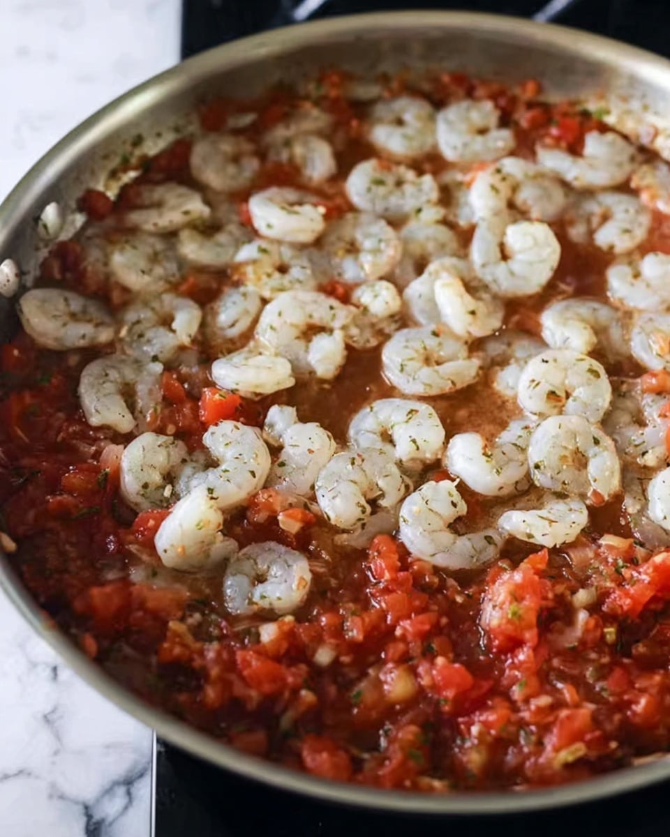 A close-up view of a cooking pan filled with a two-layer dish: the bottom layer is a chunky red tomato sauce with visible pieces of diced tomatoes and bits of herbs, offering a rich, textured red base. The top layer consists of many small, pale white shrimp spread evenly all over the sauce, giving a contrast in color and texture. The pan is metal and sitting on a stove, with the sauce bubbling slightly around the shrimp. The background shows a white marbled surface. photo taken with an iphone --ar 4:5 --v 7