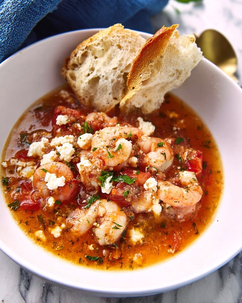 A white bowl holds a two-layer dish with a base of red-orange tomato broth mixed with visible herbs and spices. On top, there are small cooked shrimp with pink and white colors, mixed with chunks of white cheese and pieces of red tomatoes. Two broken pieces of crusty bread with a golden brown, textured crust and light, airy inside rest on the edge of the bowl, partially soaked in the broth. The bowl sits on a white marbled surface with part of a blue cloth visible nearby. The lighting is soft, creating a cozy feel. photo taken with an iphone --ar 4:5 --v 7