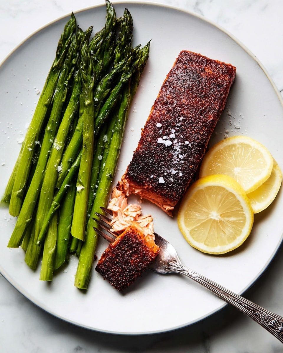 A white plate on a white marbled surface holds a simple meal with three main parts: on the left side, a neat bundle of bright green steamed asparagus spears with a shiny texture and small salt flakes on top; in the middle, a thick rectangular piece of salmon with a dark, crispy crust and coarse salt sprinkled over it, one corner slightly broken to show the pinkish-inside flaky flesh; on the right side, two thin lemon slices with pale yellow flesh creating a soft contrast against the white plate; the salmon rests partly on an old silver fork with a decorative handle photo taken with an iphone --ar 4:5 --v 7